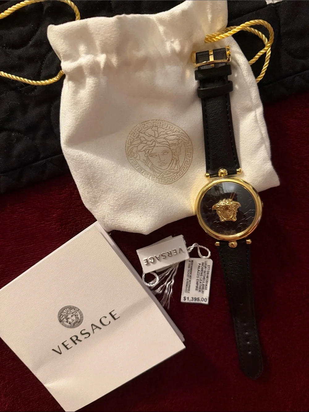 Versace Black and Gold Medusa Dial Watch with Leather Strap